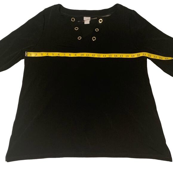 CHICO'S Travelers Top Sz 3 16 / 18 Grommets Black Slinky Split-Neck 3/4 Sleeves - Picture 5 of 8